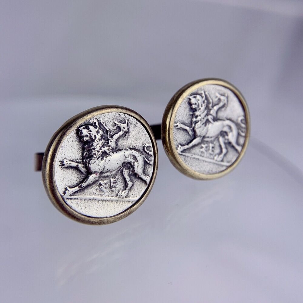 Chimera Stater Style Coin Sterling Silver Cufflinks 18k GP Bezel MMA Vintage O1